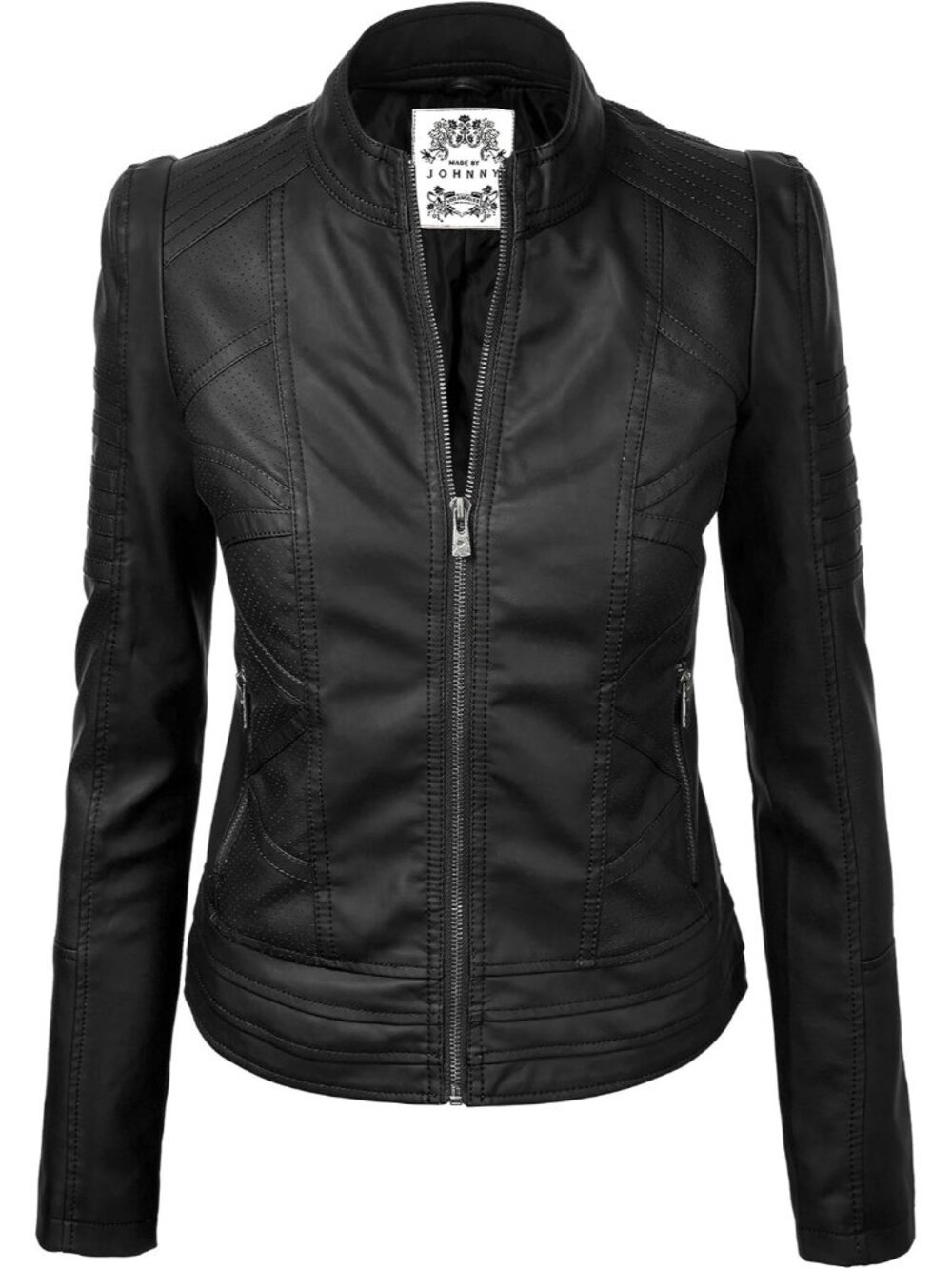 〽️Women's Black Faux Leather Stitching Long Sleeve Zip Up Moto Biker Jackets